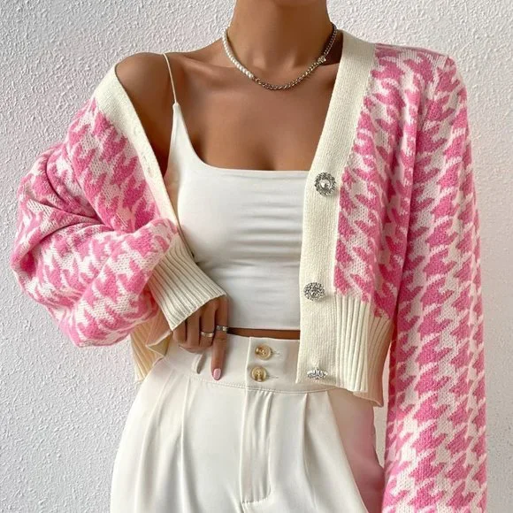 Multicolor Preppy Womens Houndstooth Pattern Lantern Sleeve Cardigan - Picture 3 of 5